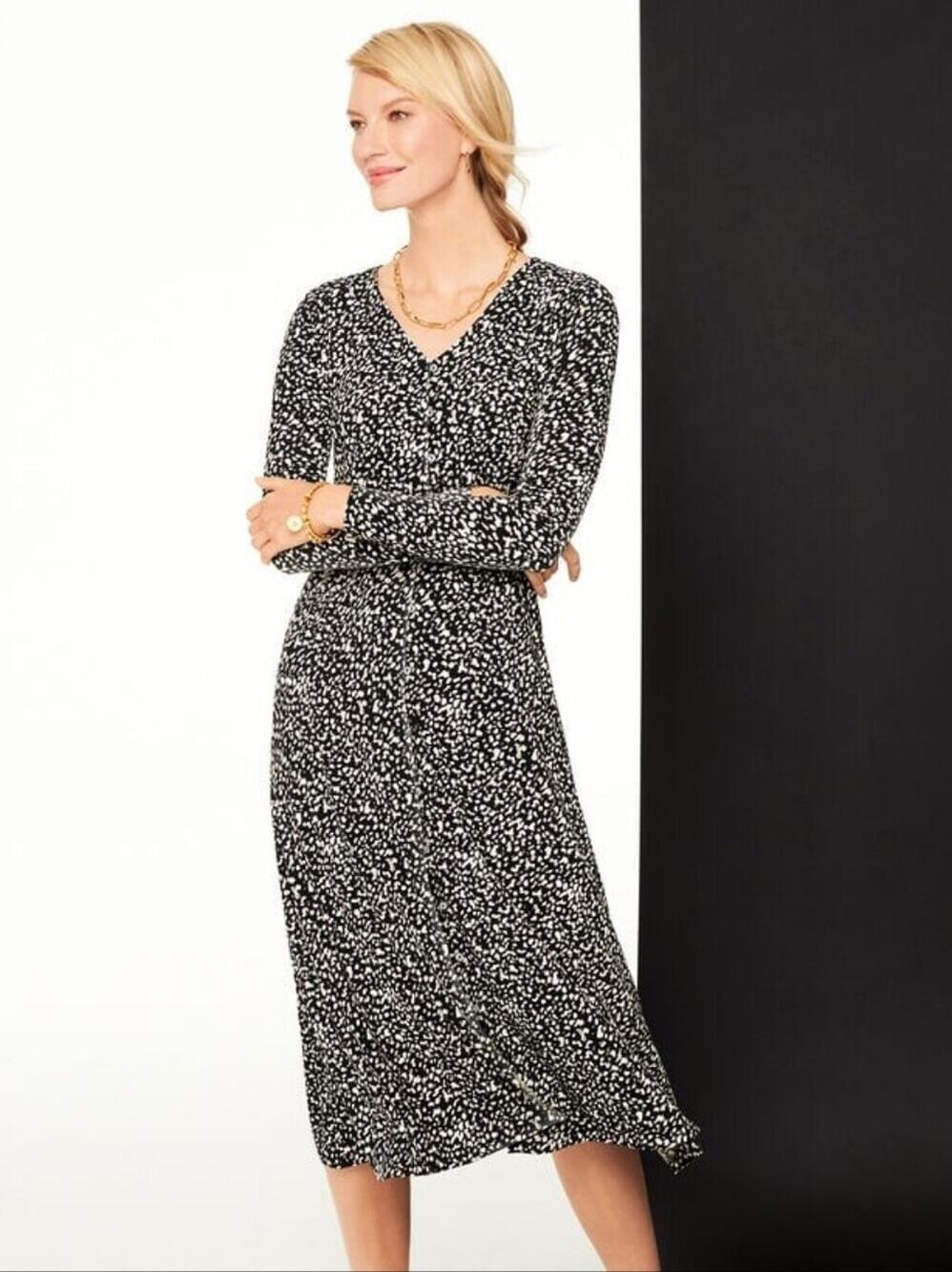 Talbots Black White Printed V-Neck Faux Wrap Midi Dress Medium
